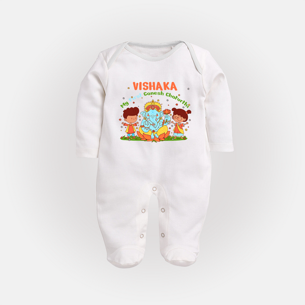 My First Ganesha Sleep Suit / Full Sleeve Body Suit | Personalized Baby Sleep Suit / Full Sleeve Body Suit for Ganesha Celebration - WHITE - New Born (Chest 7.5")
