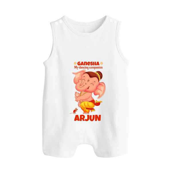 Ganesha My Dancing Companion Romper Suit / Sleeveless Romper | Custom Baby Romper Suit / Sleeveless Romper for Ganesha Devotees - WHITE - 0 - 5 Months Old (Chest 18")