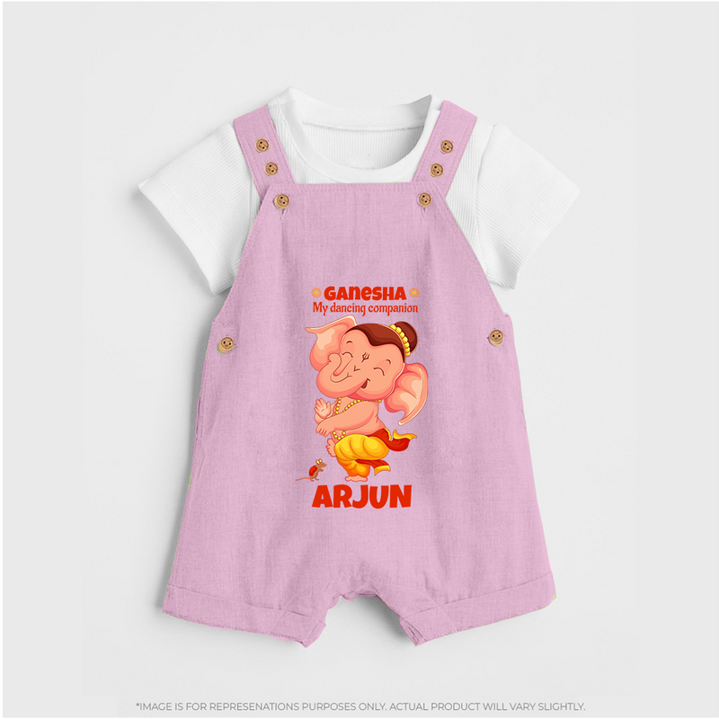Ganesha My Dancing Companion Dungaree Set | Custom Baby Dungaree Set for Ganesha Devotees - BABY PINK - 0 - 5 Months Old (Chest 18")