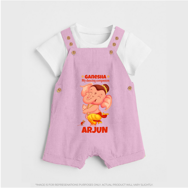 Ganesha My Dancing Companion Dungaree Set | Custom Baby Dungaree Set for Ganesha Devotees - BABY PINK - 0 - 5 Months Old (Chest 18")