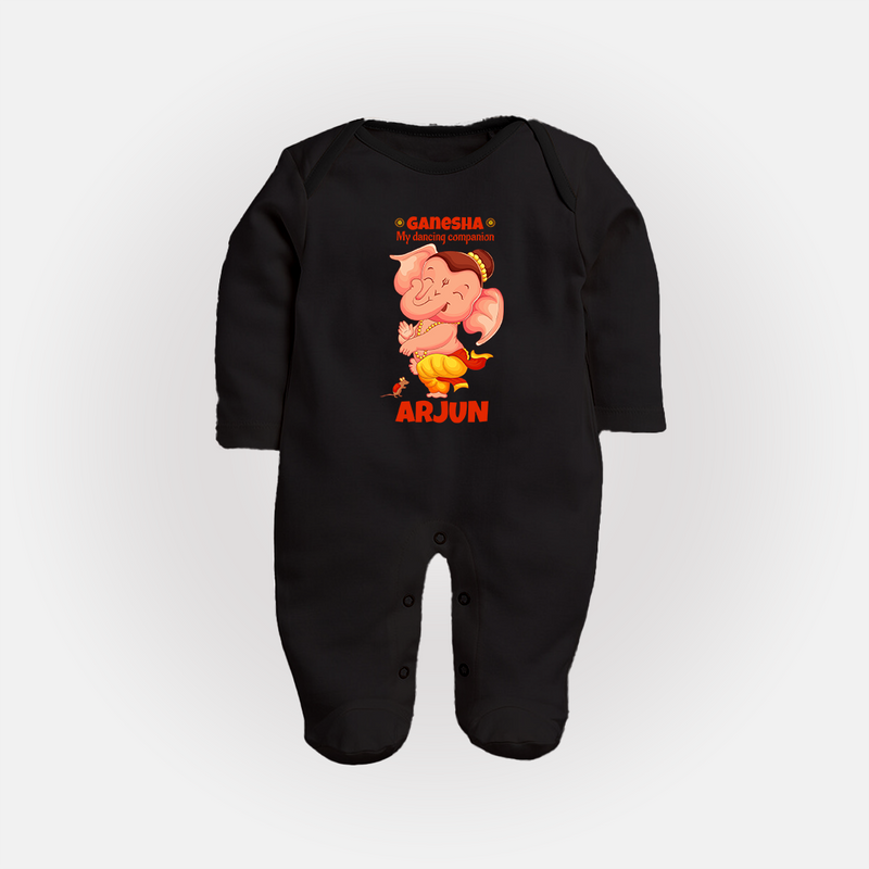 Ganesha My Dancing Companion Sleep Suit / Full Sleeve Body Suit | Custom Baby Sleep Suit / Full Sleeve Body Suit for Ganesha Devotees - BLACK - New Born (Chest 7.5")