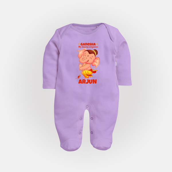 Ganesha My Dancing Companion Sleep Suit / Full Sleeve Body Suit | Custom Baby Sleep Suit / Full Sleeve Body Suit for Ganesha Devotees - LILAC - New Born (Chest 7.5")