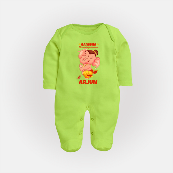 Ganesha My Dancing Companion Sleep Suit / Full Sleeve Body Suit | Custom Baby Sleep Suit / Full Sleeve Body Suit for Ganesha Devotees - LIME GREEN - New Born (Chest 7.5")