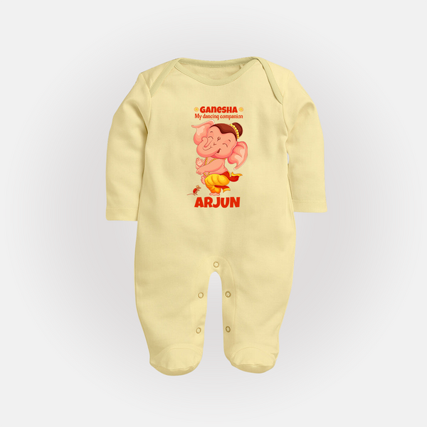 Ganesha My Dancing Companion Sleep Suit / Full Sleeve Body Suit | Custom Baby Sleep Suit / Full Sleeve Body Suit for Ganesha Devotees - PASTEL YELLOW - New Born (Chest 7.5")