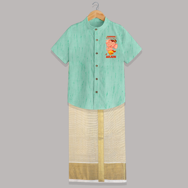Ganesha My Dancing Companion Shirt and Dhoti | Custom Baby Shirt and Dhoti for Ganesha Devotees - AQUA GREEN - 0 - 6 Months Old (Chest-23") (Dhoti length-14")