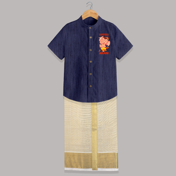 Ganesha My Dancing Companion Shirt and Dhoti | Custom Baby Shirt and Dhoti for Ganesha Devotees - DARK BLUE - 0 - 6 Months Old (Chest-23") (Dhoti length-14")