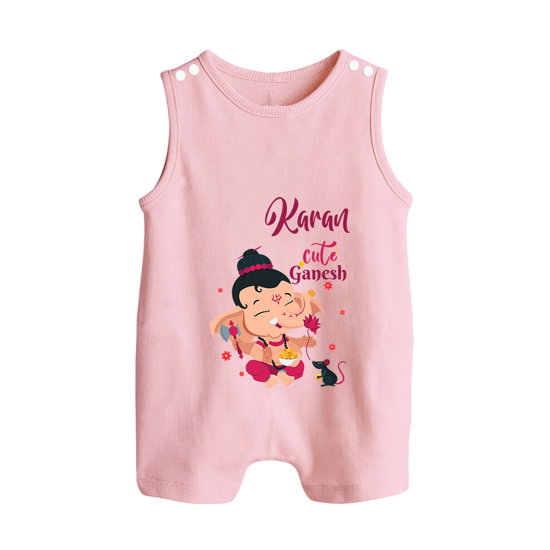 Cute Ganesha Romper Suit / Sleeveless Romper | Personalized Baby Romper Suit / Sleeveless Romper for Ganesha Celebration - BABY PINK - 0 - 5 Months Old (Chest 18")