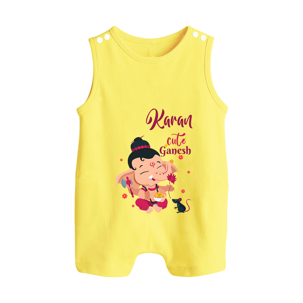 Cute Ganesha Romper Suit / Sleeveless Romper | Personalized Baby Romper Suit / Sleeveless Romper for Ganesha Celebration - PASTEL YELLOW - 0 - 5 Months Old (Chest 18")