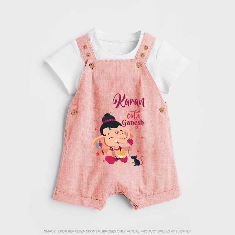 Cute Ganesha Dungaree Set | Personalized Baby Dungaree Set for Ganesha Celebration - PEACH - 0 - 5 Months Old (Chest 18")
