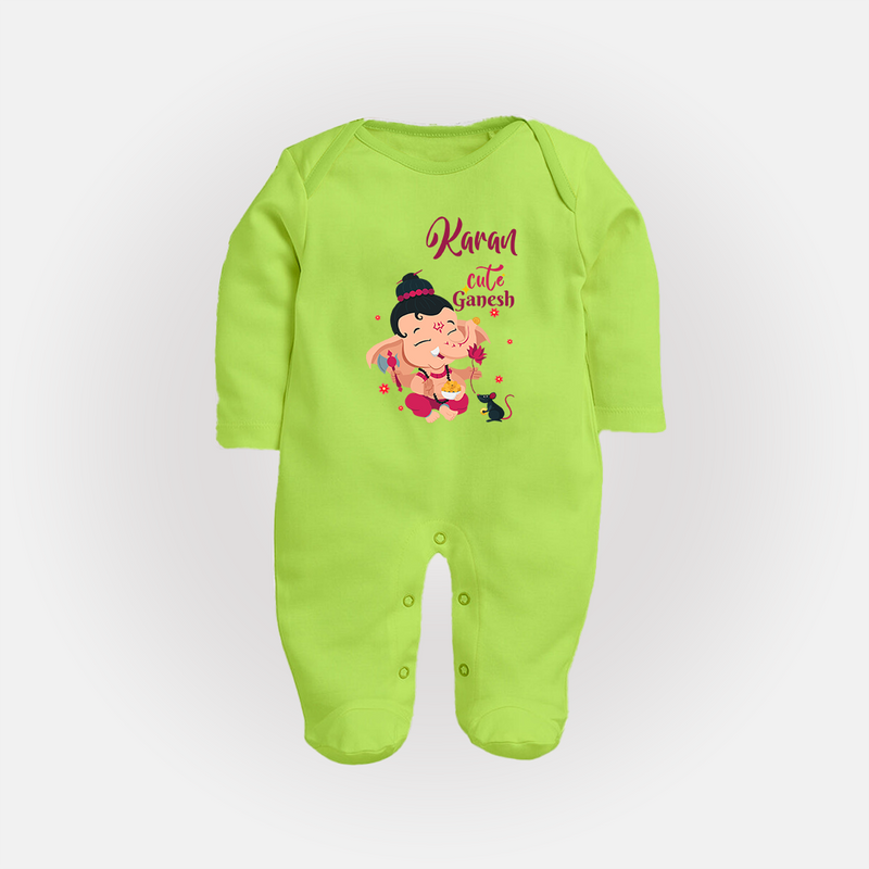 Cute Ganesha Sleep Suit / Full Sleeve Body Suit | Personalized Baby Sleep Suit / Full Sleeve Body Suit for Ganesha Celebration - LIME GREEN - New Born (Chest 7.5")