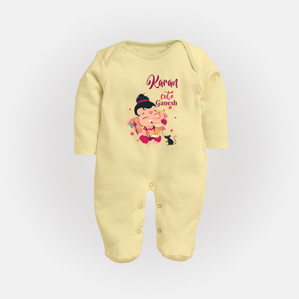 Cute Ganesha Sleep Suit / Full Sleeve Body Suit | Personalized Baby Sleep Suit / Full Sleeve Body Suit for Ganesha Celebration - PASTEL YELLOW - New Born (Chest 7.5")