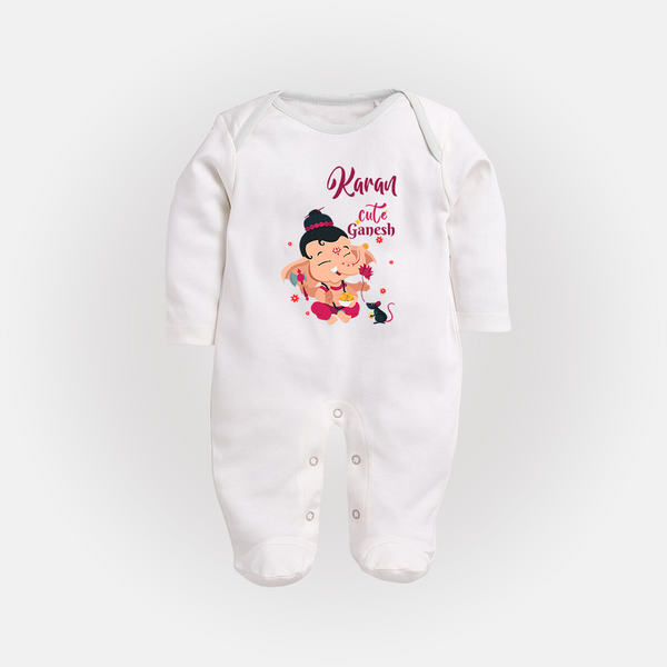 Cute Ganesha Sleep Suit / Full Sleeve Body Suit | Personalized Baby Sleep Suit / Full Sleeve Body Suit for Ganesha Celebration - WHITE - New Born (Chest 7.5")