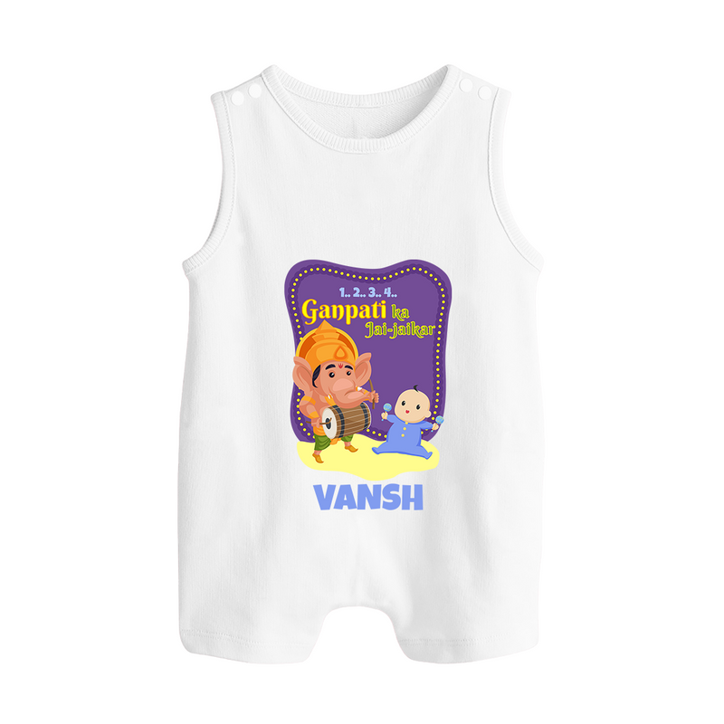 Ganpati Ka Jai-Jaikar Romper Suit / Sleeveless Romper | Custom Baby Romper Suit / Sleeveless Romper for Ganesha Festival - WHITE - 0 - 5 Months Old (Chest 18")