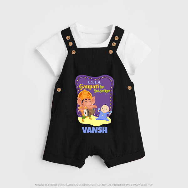 Ganpati Ka Jai-Jaikar Dungaree Set | Custom Baby Dungaree Set for Ganesha Festival - BLACK - 0 - 5 Months Old (Chest 18")