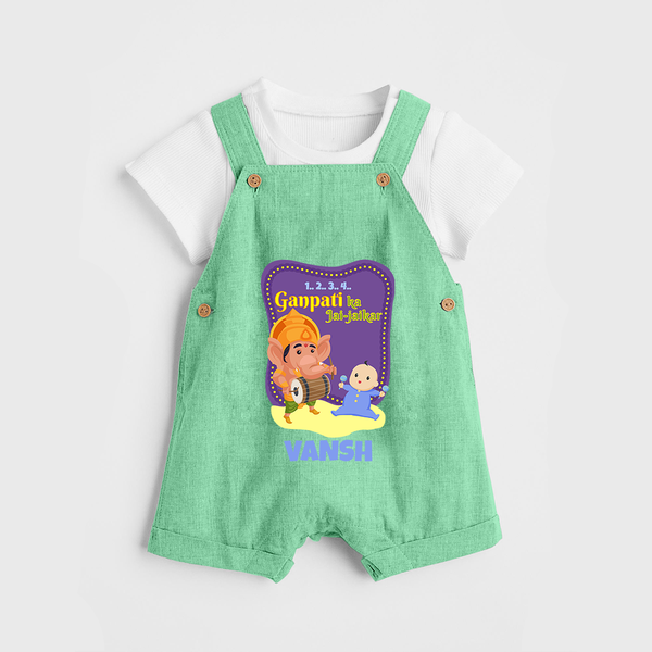 Ganpati Ka Jai-Jaikar Dungaree Set | Custom Baby Dungaree Set for Ganesha Festival - GREEN - 0 - 5 Months Old (Chest 18")