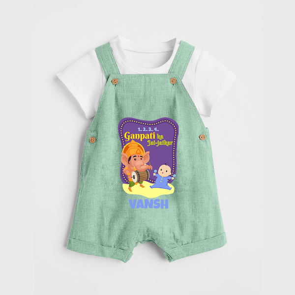 Ganpati Ka Jai-Jaikar Dungaree Set | Custom Baby Dungaree Set for Ganesha Festival - MINT GREEN - 0 - 5 Months Old (Chest 18")
