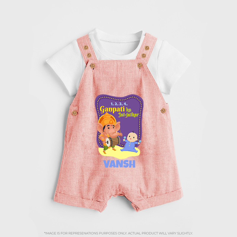 Ganpati Ka Jai-Jaikar Dungaree Set | Custom Baby Dungaree Set for Ganesha Festival - PEACH - 0 - 5 Months Old (Chest 18")
