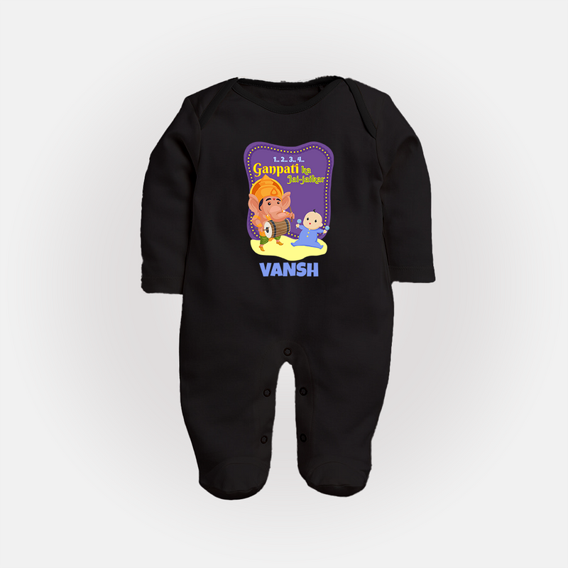Ganpati Ka Jai-Jaikar Sleep Suit / Full Sleeve Body Suit | Custom Baby Sleep Suit / Full Sleeve Body Suit for Ganesha Festival - BLACK - New Born (Chest 7.5")