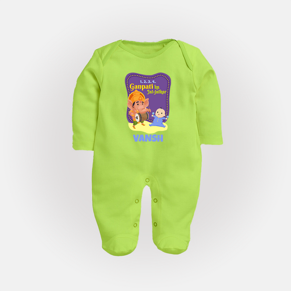 Ganpati Ka Jai-Jaikar Sleep Suit / Full Sleeve Body Suit | Custom Baby Sleep Suit / Full Sleeve Body Suit for Ganesha Festival - LIME GREEN - New Born (Chest 7.5")