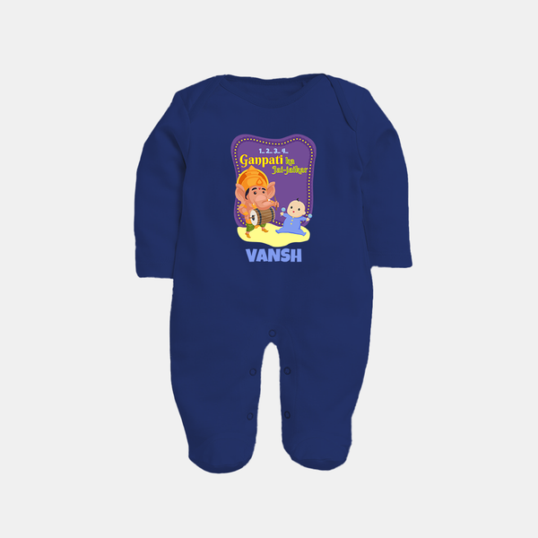Ganpati Ka Jai-Jaikar Sleep Suit / Full Sleeve Body Suit | Custom Baby Sleep Suit / Full Sleeve Body Suit for Ganesha Festival - NAVY BLUE - New Born (Chest 7.5")