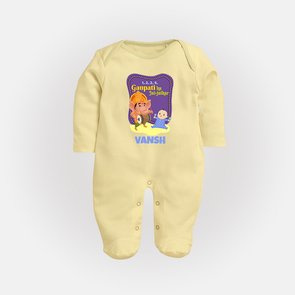 Ganpati Ka Jai-Jaikar Sleep Suit / Full Sleeve Body Suit | Custom Baby Sleep Suit / Full Sleeve Body Suit for Ganesha Festival - PASTEL YELLOW - New Born (Chest 7.5")