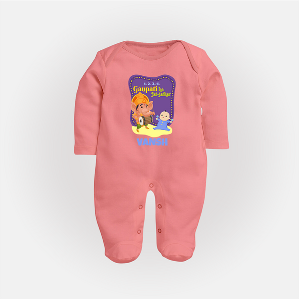 Ganpati Ka Jai-Jaikar Sleep Suit / Full Sleeve Body Suit | Custom Baby Sleep Suit / Full Sleeve Body Suit for Ganesha Festival - PEACH - New Born (Chest 7.5")