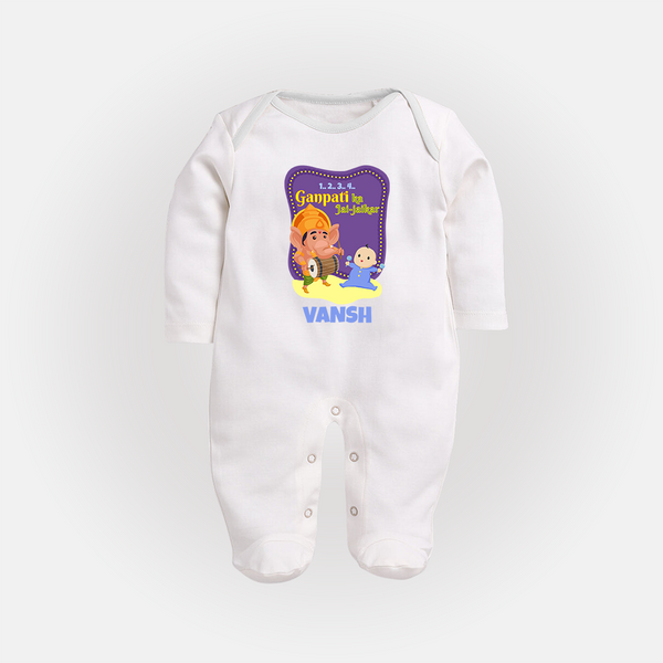Ganpati Ka Jai-Jaikar Sleep Suit / Full Sleeve Body Suit | Custom Baby Sleep Suit / Full Sleeve Body Suit for Ganesha Festival - WHITE - New Born (Chest 7.5")