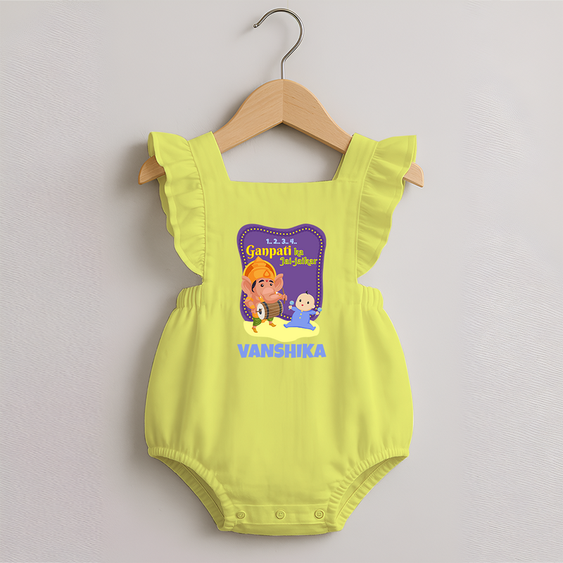 Ganpati Ka Jai-Jaikar Romper Frock | Custom Baby Romper Frock for Ganesha Festival - PASTEL YELLOW - 0 - 3 Months Old (Chest 19")
