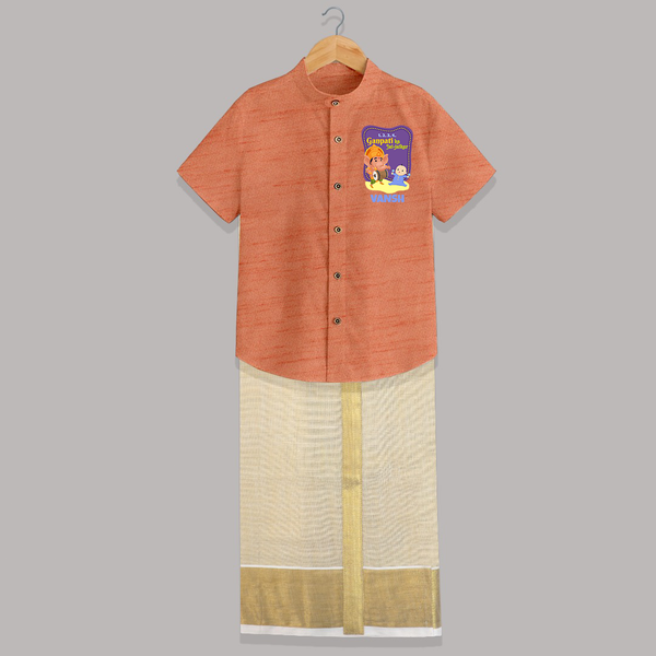 Ganpati Ka Jai-Jaikar Shirt and Dhoti | Custom Baby Shirt and Dhoti for Ganesha Festival - ORANGE - 0 - 6 Months Old (Chest-23") (Dhoti length-14")
