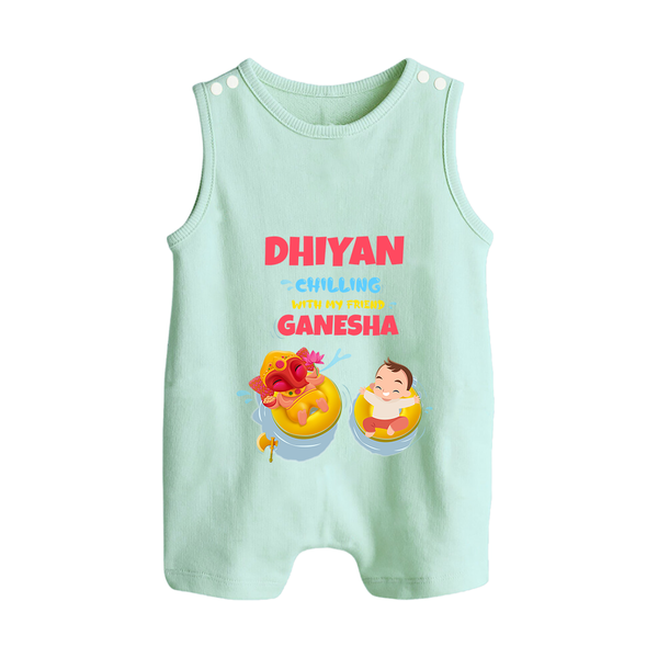Chilling with My Friend Ganesha Romper Suit / Sleeveless Romper | Personalized Baby Romper Suit / Sleeveless Romper for Ganesha Celebration - MINT GREEN - 0 - 5 Months Old (Chest 18")
