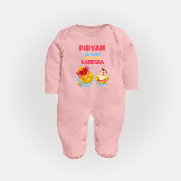 Chilling with My Friend Ganesha Sleep Suit / Full Sleeve Body Suit | Personalized Baby Sleep Suit / Full Sleeve Body Suit for Ganesha Celebration - BABY PINK - New Born (Chest 7.5")