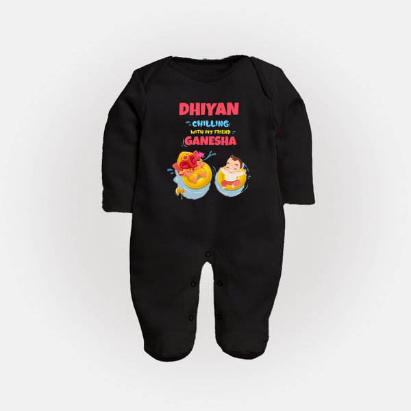 Chilling with My Friend Ganesha Sleep Suit / Full Sleeve Body Suit | Personalized Baby Sleep Suit / Full Sleeve Body Suit for Ganesha Celebration - BLACK - New Born (Chest 7.5")
