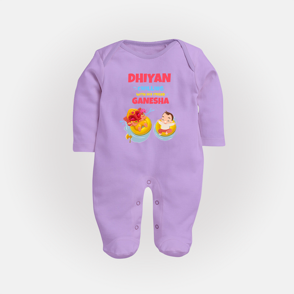 Chilling with My Friend Ganesha Sleep Suit / Full Sleeve Body Suit | Personalized Baby Sleep Suit / Full Sleeve Body Suit for Ganesha Celebration - LILAC - New Born (Chest 7.5")
