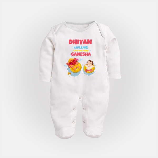Chilling with My Friend Ganesha Sleep Suit / Full Sleeve Body Suit | Personalized Baby Sleep Suit / Full Sleeve Body Suit for Ganesha Celebration - WHITE - New Born (Chest 7.5")