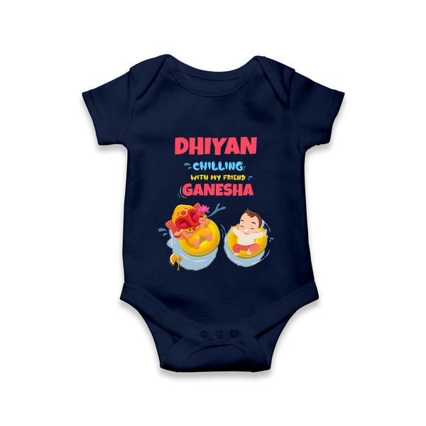 Chilling with My Friend Ganesha Romper | Personalized Baby Romper for Ganesha Celebration - NAVY BLUE - New Born (Chest 14")