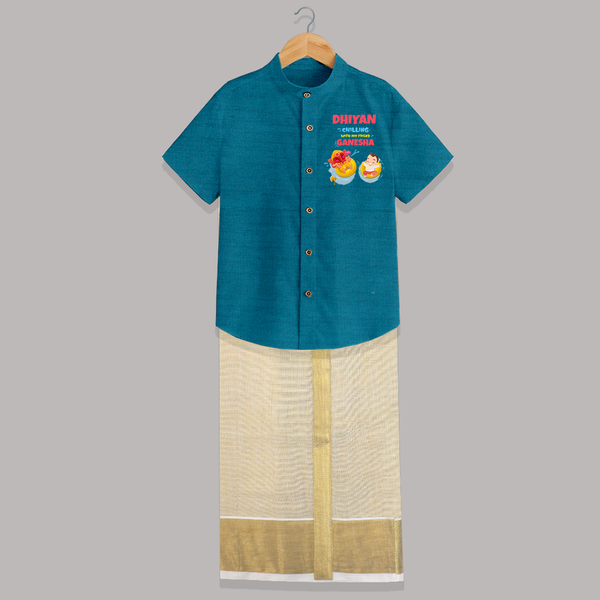 Chilling with My Friend Ganesha Shirt and Dhoti | Personalized Baby Shirt and Dhoti for Ganesha Celebration - PEACOCK BLUE - 0 - 6 Months Old (Chest-23") (Dhoti length-14")
