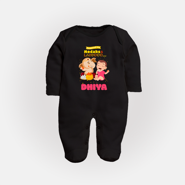 Modaks & Laddoos Sleep Suit / Full Sleeve Body Suit | Custom Baby Sleep Suit / Full Sleeve Body Suit for Ganesha Celebration - BLACK - New Born (Chest 7.5")