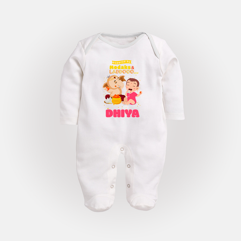 Modaks & Laddoos Sleep Suit / Full Sleeve Body Suit | Custom Baby Sleep Suit / Full Sleeve Body Suit for Ganesha Celebration - WHITE - New Born (Chest 7.5")