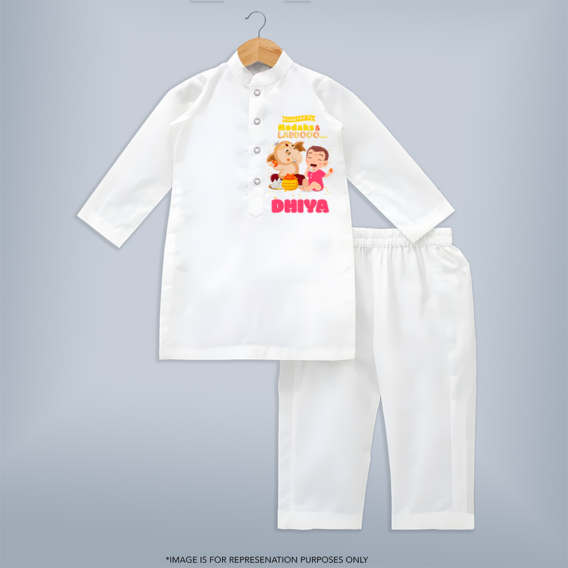 Modaks & Laddoos Kurta Set | Custom Baby Kurta Set for Ganesha Celebration - WHITE - 3 - 6 Months Old (Chest 24", Kurta Length 14'', Waist 19", Pant Length 14")