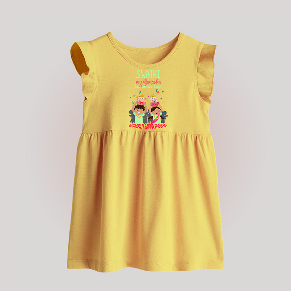 My Ganesha Has Arrived Home Baby Frock | Personalized Baby Frock for Ganesha Devotees - PASTEL YELLOW - 0 - 3 Months Old (Chest 17")