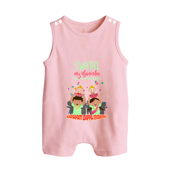 My Ganesha Has Arrived Home Romper Suit / Sleeveless Romper | Personalized Baby Romper Suit / Sleeveless Romper for Ganesha Devotees - BABY PINK - 0 - 5 Months Old (Chest 18")