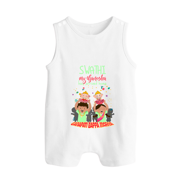 My Ganesha Has Arrived Home Romper Suit / Sleeveless Romper | Personalized Baby Romper Suit / Sleeveless Romper for Ganesha Devotees - WHITE - 0 - 5 Months Old (Chest 18")