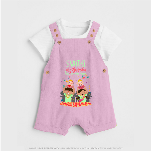 My Ganesha Has Arrived Home Dungaree Set | Personalized Baby Dungaree Set for Ganesha Devotees - BABY PINK - 0 - 5 Months Old (Chest 18")