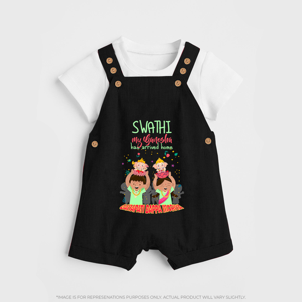 My Ganesha Has Arrived Home Dungaree Set | Personalized Baby Dungaree Set for Ganesha Devotees - BLACK - 0 - 5 Months Old (Chest 18")