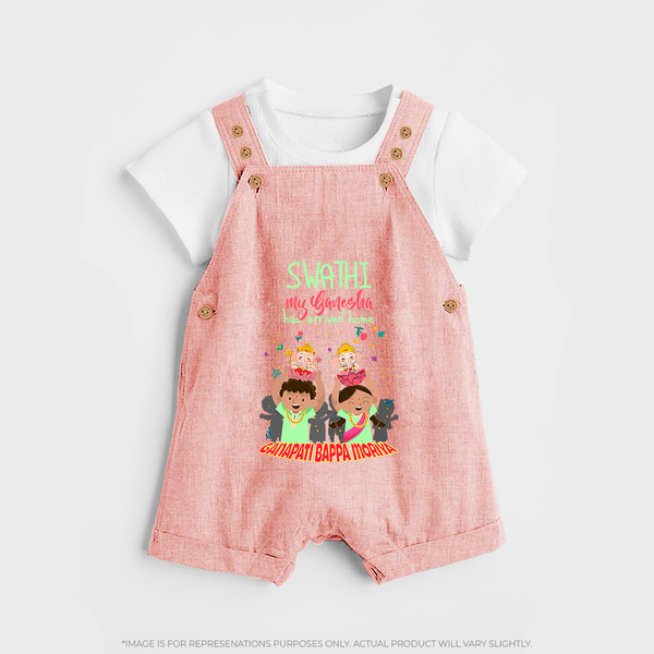 My Ganesha Has Arrived Home Dungaree Set | Personalized Baby Dungaree Set for Ganesha Devotees - PEACH - 0 - 5 Months Old (Chest 18")