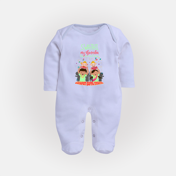 My Ganesha Has Arrived Home Sleep Suit / Full Sleeve Body Suit | Personalized Baby Sleep Suit / Full Sleeve Body Suit for Ganesha Devotees - BABY BLUE - New Born (Chest 7.5")