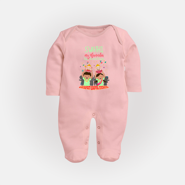 My Ganesha Has Arrived Home Sleep Suit / Full Sleeve Body Suit | Personalized Baby Sleep Suit / Full Sleeve Body Suit for Ganesha Devotees - BABY PINK - New Born (Chest 7.5")