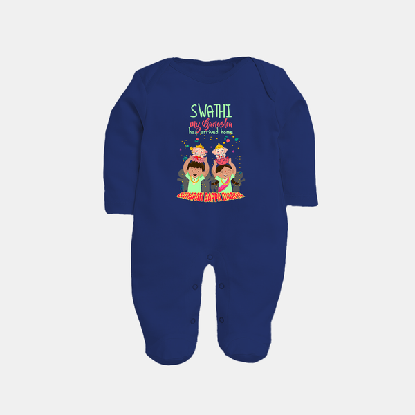 My Ganesha Has Arrived Home Sleep Suit / Full Sleeve Body Suit | Personalized Baby Sleep Suit / Full Sleeve Body Suit for Ganesha Devotees - NAVY BLUE - New Born (Chest 7.5")