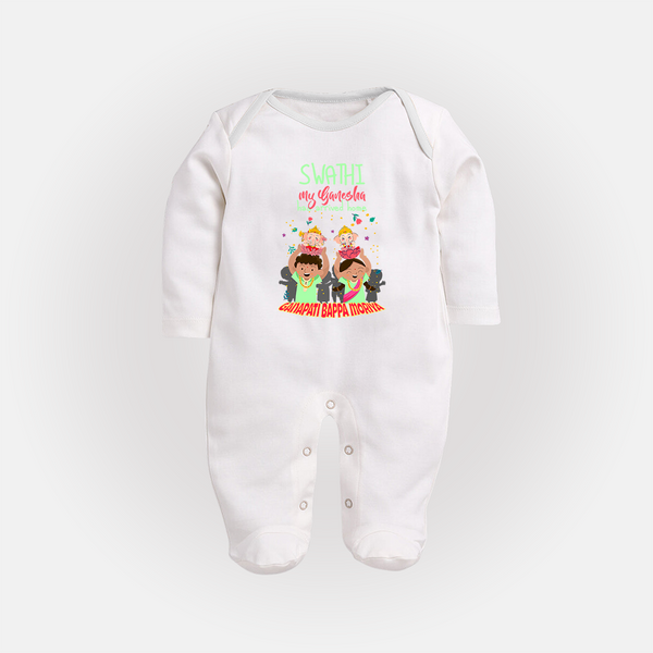 My Ganesha Has Arrived Home Sleep Suit / Full Sleeve Body Suit | Personalized Baby Sleep Suit / Full Sleeve Body Suit for Ganesha Devotees - WHITE - New Born (Chest 7.5")