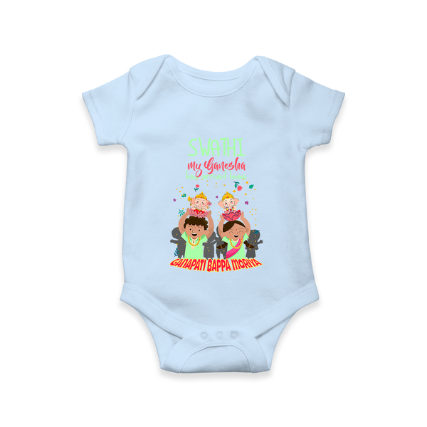 My Ganesha Has Arrived Home Romper | Personalized Baby Romper for Ganesha Devotees - BABY BLUE - New Born (Chest 14")